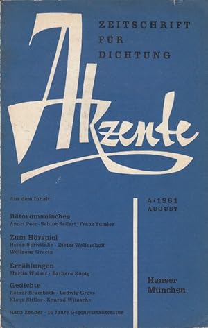 Bild des Verkufers fr Akzente - Zeitschrift fr Dichtung 8. Jahrgang Heft 4 / 1961 (u.a. Rtoromanisches) zum Verkauf von Versandantiquariat Nussbaum