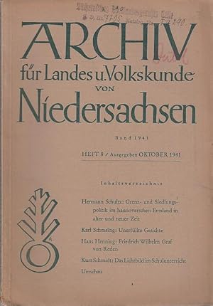 Imagen del vendedor de Archiv fr Landes und Volkskunde von Niedersachsen. Oktober 1941, Heft 8. a la venta por Antiquariat Carl Wegner