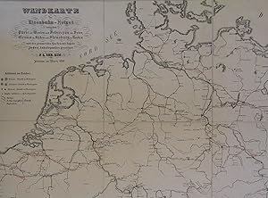 Wandkarte des Eisenbahn-Netzes zwischen Paris im Westen und Debreczin im Osten, Genua im Süden un...