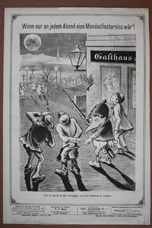 Mondfinsternis, Lithographie von 1877 mit einer Karikatur zur Mondfinsternis, Blattgröße: 40 x 27...