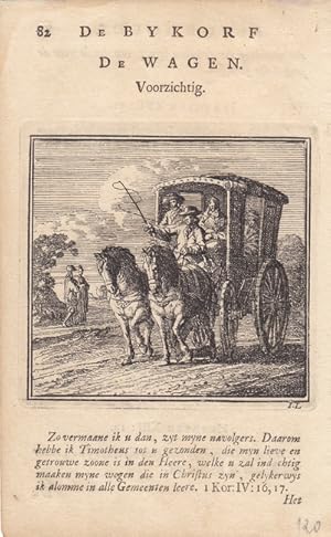 Pferdewagen, De Wagen, Kupferstich um 1735 von Jan Luyken (1649 - 1712), Ein vollbesetztes Fuhrwe...