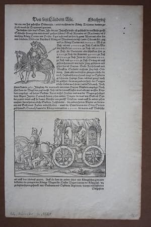 Reiter, Pferdefuhrwerk, Holzschnitt um 1580 von Sebastian Münster (14881552) mit zwei kleinforma...