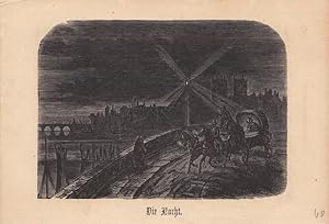 Pferdefuhrwerk, Holzstich um 1860 mit einem Wagen der durch die Nacht über eine Brücke fährt, Bla...