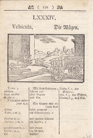 Vehicula, Die Wagen, kleinformatiger Kupferstich um 1750 mit verschiedenen abgebildeten Wagentype...