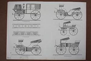 Pferdewagen, Phaeton, Chariot, Droitzschka, Holzstich von 1847 mit fün abgebildeten Wagen,