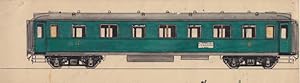 Eisenbahnwagen, handkoloriertes Aquarell um 1930 in gutem Zustand, Blattgröße: 7,3 x 26,3 cm, rei...