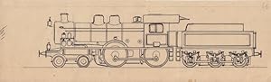 Lokomotive, Handzeichnung um 1930 einer Lokomotive mit Kohlewagen, Blattgröße: 8 x 27 cm, reine B...