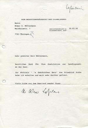 Maschinenschriftl. Brief m. Briefkopf "Der Ministerpräsident des Saarlandes", DINA4, gelocht, v. ...