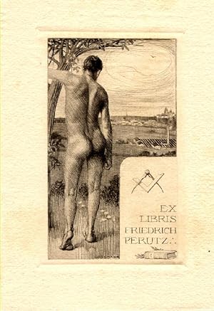 O-Radierung, "Ex Libris Friedrich Perutz" ,11,4 x 7,5 cm auf Büttenkarton, ca. 15,5 x 10,5 cm. In...