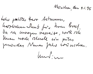 Briefkarte, DINA6, handschriftl. "München, den 4.1.95 Sehr geehrter Herr . herzlichen Dank für Ih...