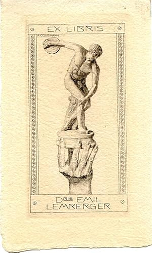 O-Kupferstich, "Exlibris Dris Emil Lemberger", in der Platte signiert, ca. 13 x 7 cm auf Büttenpa...