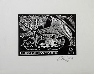O-Linolschnitt (X3) "Exlibris Dr Katona Gabor " 10,4 x 13,2 cm, mit Künstlermonogramm. Unter dem ...
