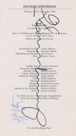 Signierter Besetzungszettel der Deutschen Oper Berlin (Puccini La Bohème). Zusätzlich die Untersc...