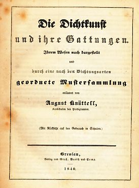 Bild des Verkufers fr Die Dichtkunst und ihre Gattungen. Ihrem Wesen nach dargestellt und durch eine nach den Dichtungsarten geordnete Mustersammlung erlutert . zum Verkauf von Fundus-Online GbR Borkert Schwarz Zerfa