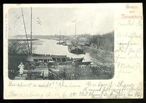 Gruss aus Boizenburg. Blick auf den Hafen mit Schiffen.