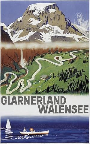 Glarnerland Walensee. Farbige Original-Lithographie.