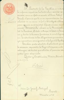 Signed Official Manuscript dated December 4, 1903, regarding acquisition of property in Sonora, M...