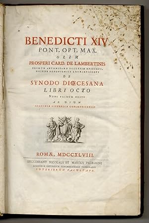 Bild des Verkufers fr Benedicti XIV. pont. opt. max. [.] De synodo Dioecesana libri octo nunc primum editi ad usum academiae liturgicae Conimbricensis. zum Verkauf von Libreria Oreste Gozzini snc