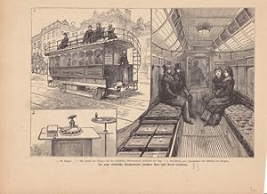 Die neue elektrische Straßenbahn zwischen Kew und Acton (London), Holzstich um 1885 mit drei Einz...