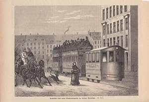 Probefahrt einer neuen Straßenlokomotive der berliner Pferdebahn, schöner Holzstich um 1875, Blat...