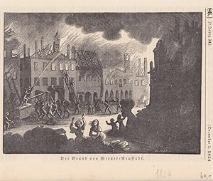 Feuerwehr, Der Brand von Wiener-Neustadt, schöner Holzstich von 1834, Blattgröße: 17,5 x 20,8 cm,...