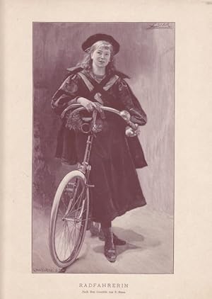 Radfahrerin, getönter Holzstich von 1897 nach dem Gemälde von F. Simm, Blattgröße: 30 x 22,3 cm, ...