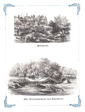 Seller image for Reinbeck. Teilansicht mit Brcke. Darunter: Hamburg - Flottbek - Die Teufelsbrcke bei Flottbeck. Zwei Ansichten auf einem Blatt. Holzstich mit blauer ornamentaler Bordre. for sale by Antiquariat Heinz Tessin