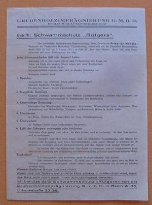 Werbeblatt der Firma Grubenholzimprägnierung G.m.b.H (Betrifft: Schwammschutz "Rütgers")