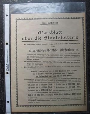 Immagine del venditore per Merkblatt ber die Staatslotterie (die Preuisch-Sddeutsche Klassenlotterie venduto da ANTIQUARIAT H. EPPLER