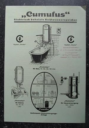 Werbeblatt der Firma für "Cumulus" elektrisch beheizbare Heißwasserspeicher System "Sauter"