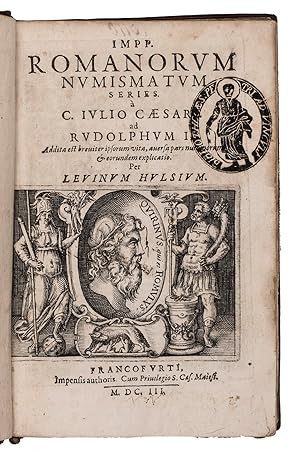 Bild des Verkufers fr Romanorum numismatum series.  C. Iulio Caesaro ad Rudolphum II. Add. est breviter ipsorum vita, aversa pars numismorum & eorundem explicatio. Frankfurt, for the author, 1603. 8vo. With large allegorical engraving with portrait of Romulus on title-page, full-page allegorical armorial engraved plate on verso of title-page and 150 engravings of both sides of ancient coins in text. Contemporary red morocco, richly gold-tooled spine. zum Verkauf von ASHER Rare Books