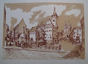 Würzburg mit Rathaus und Domstrasse. Farbserigraphie in Braun und Beige. 27,7 x 40 cm; 1 v. 50 nu...