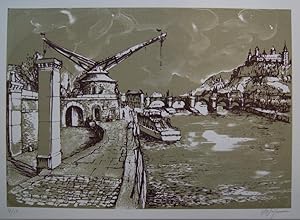 Würzburg. Alter Kranen mit Main und Festung. Farbserigraphie in Braun und Olive. 27, 8 x 40 cm. 1...