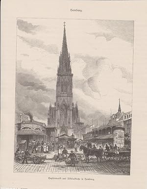 Holzstich Hamburg Hopfenmarkt und Nikolaikirche in Hamburg