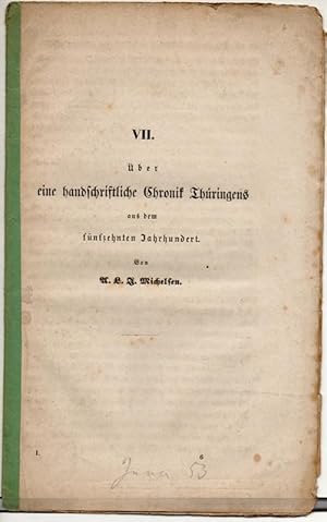 Bild des Verkufers fr ber eine handschriftliche Chronik Thringens aus dem fnfzehnten Jahrhundert. Sonderdruck aus: Zeitschrift des Vereins fr Thringische Geschichte und Altertumskunde Bd. 1, S. 73-90. zum Verkauf von Wissenschaftliches Antiquariat Kln Dr. Sebastian Peters UG