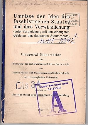 Bild des Verkufers fr Umrisse der Idee des faschistischen Staates und ihre Verwirklichung (unter Vergleichung mit den wichtigsten Gebieten des deutschen Staatsrechts). Dissertation. zum Verkauf von Wissenschaftliches Antiquariat Kln Dr. Sebastian Peters UG