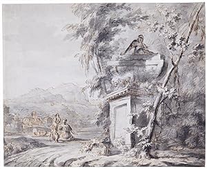 Seller image for Ideale Landschaft mit zwei trauernden Personen vor einem Grabmal auf dem ein Sarkophag steht. for sale by Galerie Joseph Fach GmbH