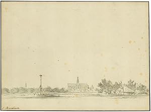 Bild des Verkufers fr Flache Landschaft mit Blick auf Trme von Haarlem und einem Feldzeichen im Mittelgrund. zum Verkauf von Galerie Joseph Fach GmbH