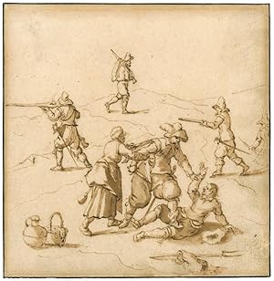 Soldat des Dreißigjährigen Krieges kämpft mit einem Dolch gegen einen bereits am Boden liegenden ...