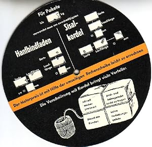 Rechenscheibe für Hanfbindfaden und Sisalkordel. Zum Errechnen der Lauflänge und Stärke, sowie de...