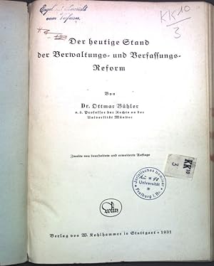 Imagen del vendedor de Der heutige Stand der Verwaltungs- und Verfassungs-Reform; a la venta por books4less (Versandantiquariat Petra Gros GmbH & Co. KG)