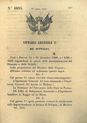 Bild des Verkufers fr con cui si stabilisce la soppressione dell'Ispettorato generale dei beni demaniali e l'ispettorato Centrale dei boschi a Modena. zum Verkauf von Libreria Piani