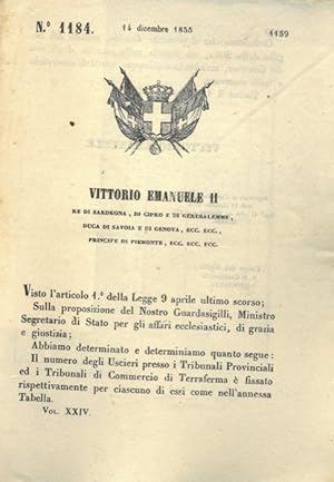 Immagine del venditore per che modifica il numero degli uscieri presso i tribunali provinciali e di commercio di Terraferma. venduto da Libreria Piani