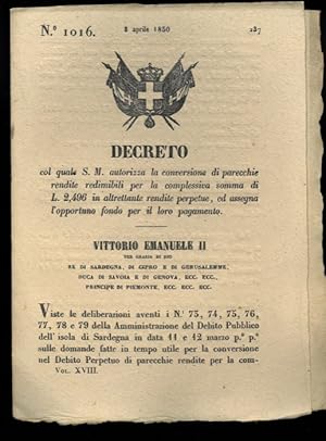 Bild des Verkufers fr con cui si autorizza la conversione di parecchie rendite redimibili in rendite perpetue e si assegna il fondo per il loro pagamento. zum Verkauf von Libreria Piani