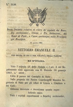 relativo al ritiro de' capitali dei benefici ecclesiastici, Chiese e Pie Istituzioni, dei Monti d...