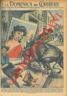 Toro s'avventa a corna abbassate contro un cartellone che presenta Gina Lollobrigida in abito rosso.