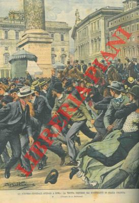 Truppa a cavallo disperde gli operai radunati in sciopero in piazza Colonna, a Roma.