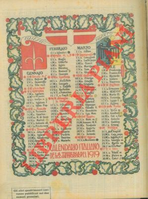 Calendario a tutta pagina dei primi quattro mesi del 1919.