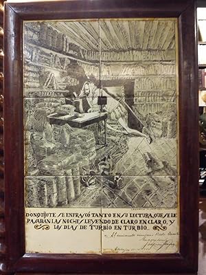 Imagen del vendedor de Pintura original que es copia de una de las ilustraciones que Daniel Urrabieta Vierge hizo para la edicin del Quijote de 1906, editada en Nueva York por Scribner's Sons. Est realizada sobre seis azulejos, despus cocidos y esmaltados, formando un cuadro que representa a Don Quijote en una estancia rodeado de libros y sujetndose la cabeza con las manos al borde de la locura y con la siguiente leyenda al pie; "Don Quijote se enfrasc tanto en su lectura, que se le pasaban las noches leyendo de claro en claro, y los das de turbio en turbio" / Sigue la siguiente dedicatoria: "Al eminente cirujano Doctor Duarte, muy agradecido"; sigue la firma del artista copista y lugar y fecha; "Andjar, 10-10-1944" a la venta por Librera Miguel Miranda