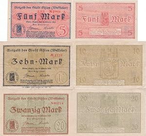 Notgeld der Stadt Ahlen (Westfalen). 3 Scheine über Fünf, Zehn und Zwanzig Mark.